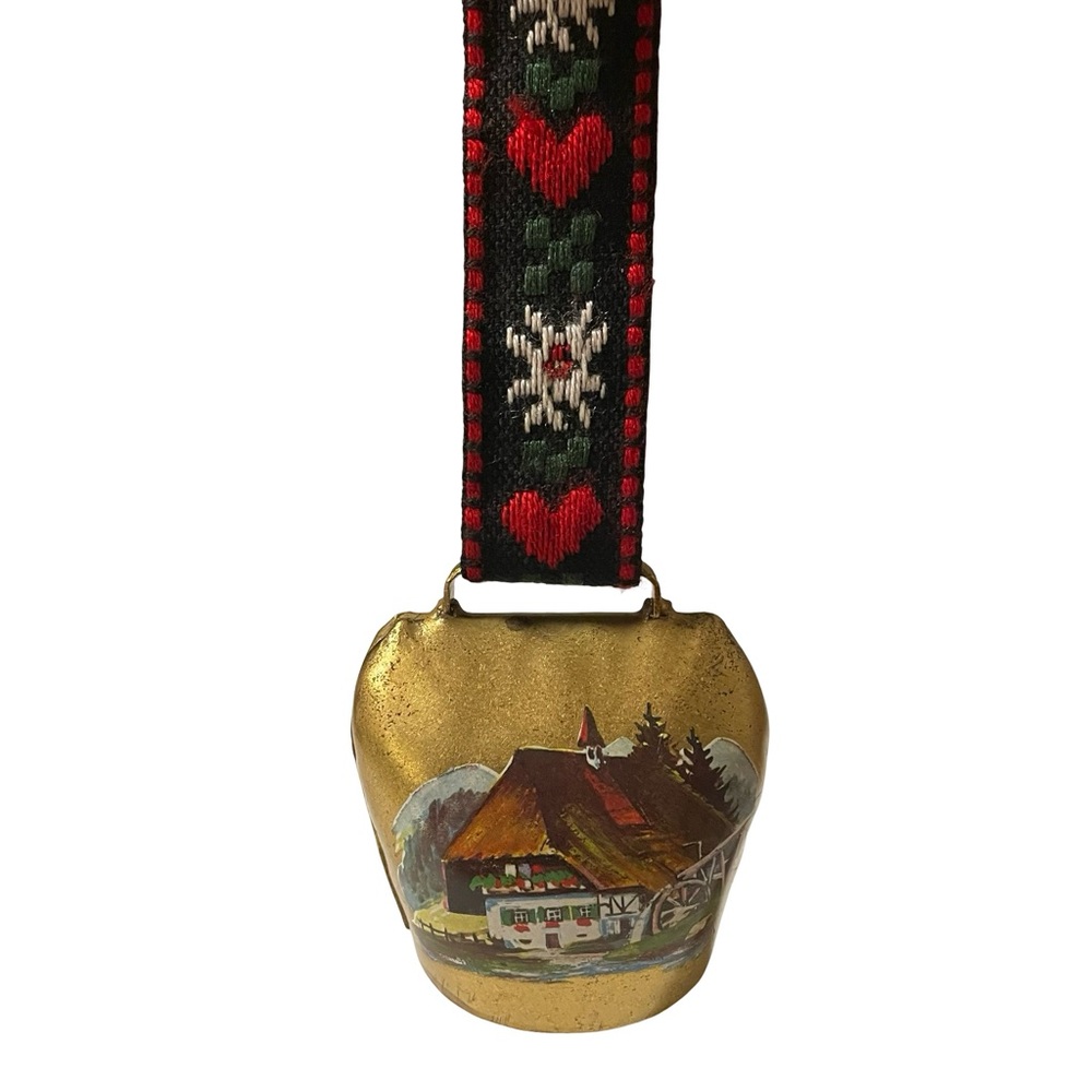 Vintage Decorative Brass Bell with Embroidered Strap and Scenic Artwork